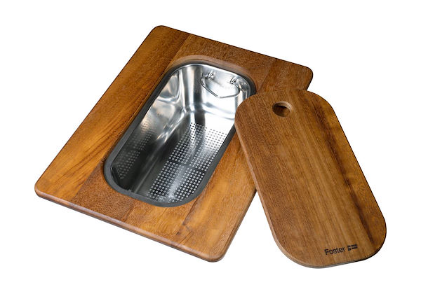 Iroko-wood sliding chopping board with stainless steel colander, Accessories
